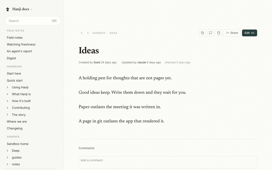 The whole editing gesture: Edit, a line typed in place, Update, and the fresh byline