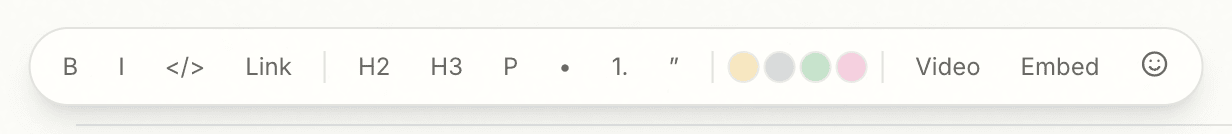 The editor's floating bottom toolbar: format marks, block types, the four highlight swatches, and the inserts
