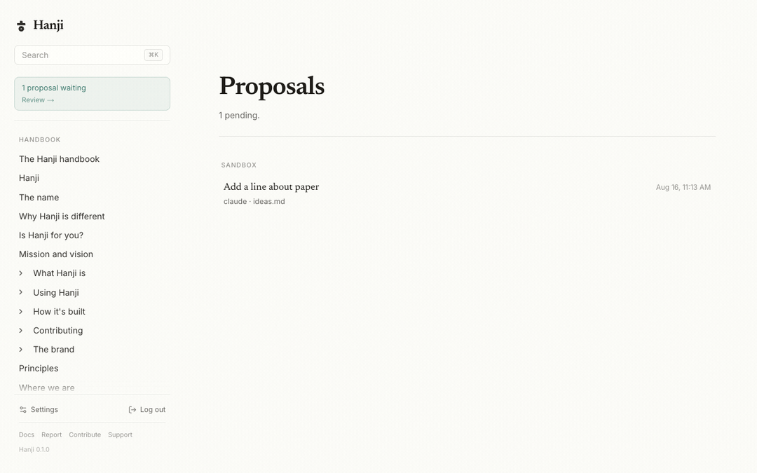 Opening a pending proposal, pressing Merge, and landing on the merged page with the agent's byline