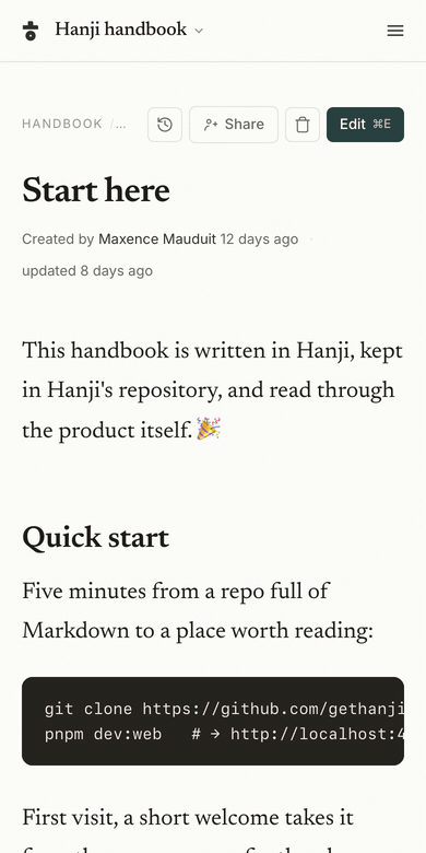 The phone shell: the menu button slides in a drawer holding the full sidebar