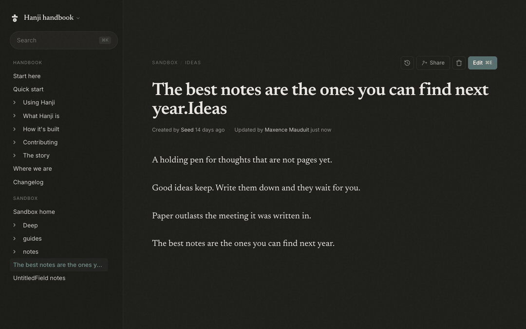 A new page: a title typed over Untitled, a first line, Update, and the page exists in the tree