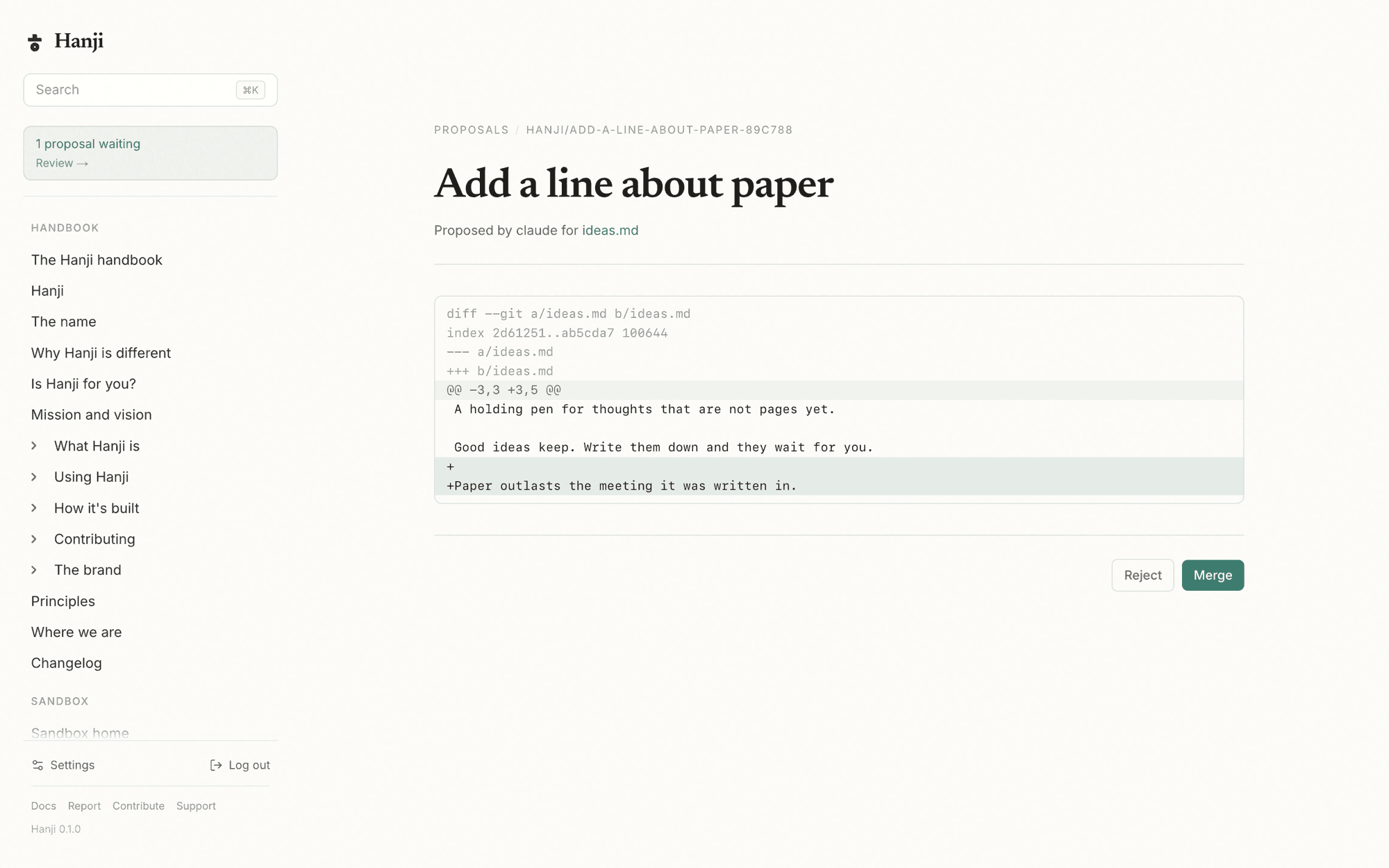 An agent's proposal open for review in the front: title, diff, Reject and Merge