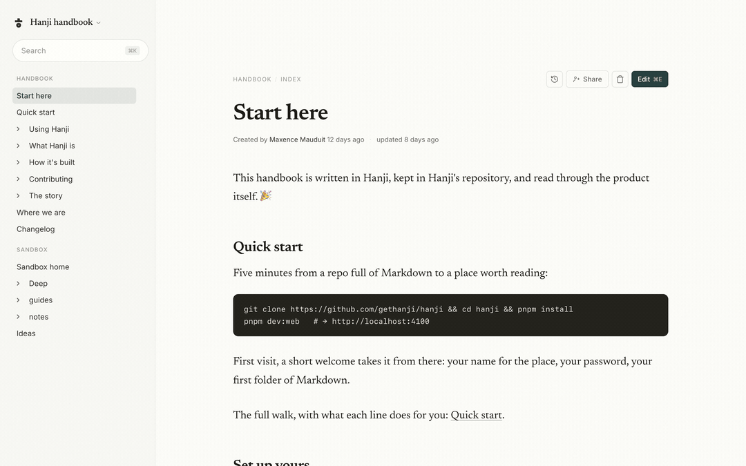 The search palette opening with ⌘K, results ranking as the query is typed, and Enter opening a page